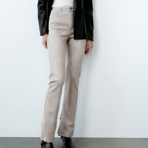 Zara Faux Suede Slit Flare Pants Size 4 sand High Waisted